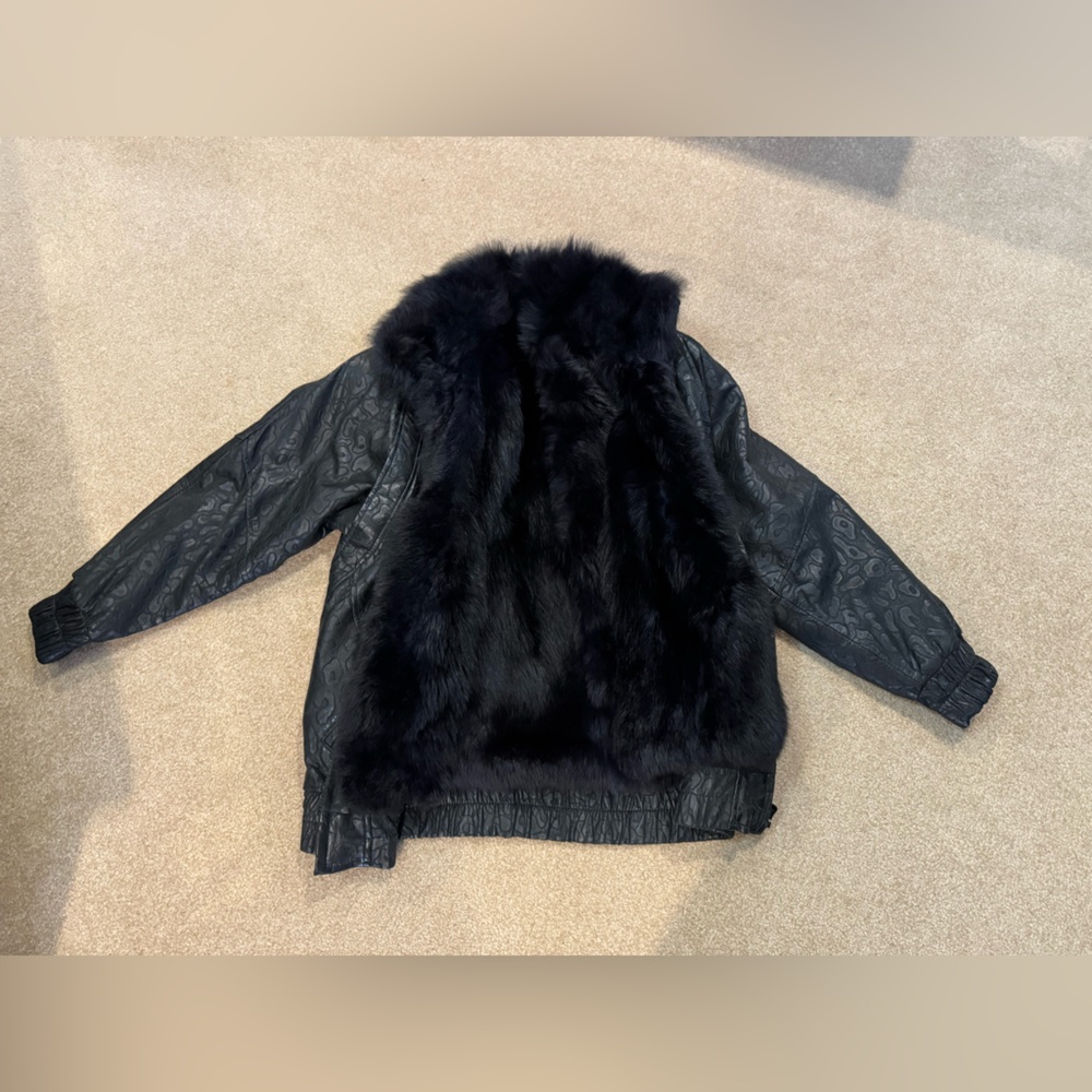 Andrew Marc Black Stamped Leather Jacket with Real Removable Opossum Fur Lining